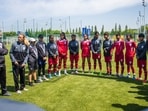 Pamela Conti (second from left) and her brother Vincenzo (extreme left), who is also her assistant, with the India under-17 women’s team in Suzhou, China. (AIFF)