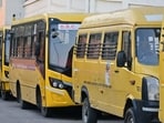 School buses parked in a school in Prayagraj (FOR REPRESENTATION)