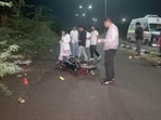 The forensic team collecting blood samples on the encounter spot in Panchkula on Thursday. (Sant Arora/HT)