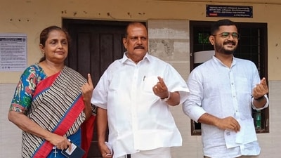 NDA candidate for Poonjar constituency PC George cast his vote at the booth during the Kerala Assembly election in Kottayam on Thursday. (@BJP4Keralam) NDA candidate for Poonjar constituency PC George cast his vote at the booth during the Kerala Assembly election in Kottayam on Thursday. (@BJP4Keralam)