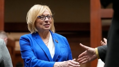 Democratic Gov. Janet Mills, greets lawmakers prior to delivering her State of the State address, Jan. 30, 2024 (AP)