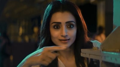 Trisha Krishnan in a still from RJ Balaji's upcoming film Karuppu. Trisha Krishnan in a still from RJ Balaji's upcoming film Karuppu.