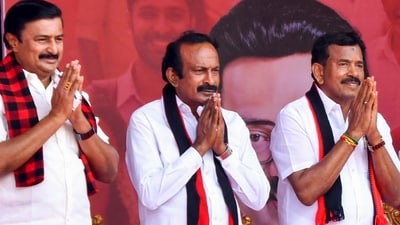 DMK candidate for Erode West constituency S. Muthusamy and other candidates of the Dravida Munnetra Kazhagam (DMK)-led Secular Progressive Alliance during a rally ahead of the Tamil Nadu Assembly elections, in Erode, (PTI) DMK candidate for Erode West constituency S. Muthusamy and other candidates of the Dravida Munnetra Kazhagam (DMK)-led Secular Progressive Alliance during a rally ahead of the Tamil Nadu Assembly elections, in Erode, (PTI)