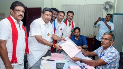 Madurai: DMK candidate for Madurai Central constituency, Palanivel Thiaga Rajan, second right, files his nomination papers ahead of Tamil Nadu Assembly Election, in Madurai district, Monday, April 6, 2026. (PTI) Madurai: DMK candidate for Madurai Central constituency, Palanivel Thiaga Rajan, second right, files his nomination papers ahead of Tamil Nadu Assembly Election, in Madurai district, Monday, April 6, 2026. (PTI)