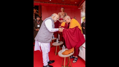 Union Home Minister Amit Shah being greeted during the inauguration of the first international exposition of holy relics of Lord Buddha on the occasion of Buddh Purnima, in Ladakh. (PTI) Union Home Minister Amit Shah being greeted during the inauguration of the first international exposition of holy relics of Lord Buddha on the occasion of Buddh Purnima, in Ladakh. (PTI)