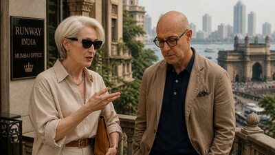 A quick meeting between Miranda and Nigel against the Gateway of India. 