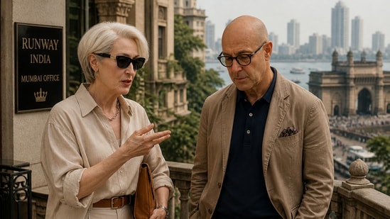 A quick meeting between Miranda and Nigel against the Gateway of India.