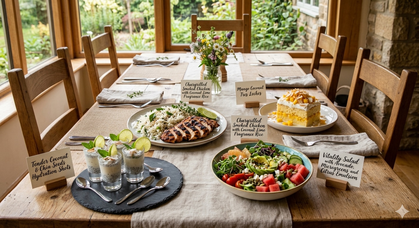The summer menu involves beginning with a hydrating starter like tender, coconut chia shot, then salad with avocado, microgreens, followed by chargrilled smoked chicken with coconut lime rice for the main course and ending with mango coconut tres leches for dessert. (Representative image by Gemini AI) The summer menu involves beginning with a hydrating starter like tender, coconut chia shot, then salad with avocado, microgreens, followed by chargrilled smoked chicken with coconut lime rice for the main course and ending with mango coconut tres leches for dessert. (Representative image by Gemini AI)