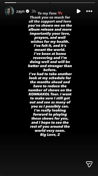 Zayn via Instagram Stories. Zayn via Instagram Stories.