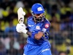Hardik Pandya plays a shot during the CSK vs MI match.