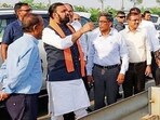 Bihar CM Samrat Choudhary inspects Samagra Udyan Yojana at the bank of JP Ganga Path in Patna,Saturday (SANTOSH KUMAR/HT)