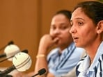 Indian women's cricket captain Harmanpreet Kaur speaks during a press conference to announce the squad for the upcoming ICC Women's T20 World Cup and tour of England, in Mumbai on May 2, 2026. (Photo by Indranil MUKHERJEE / AFP) (AFP)