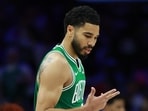 Jayson Tatum #0 of the Boston Celtics reacts during the first quarter of a game against the Philadelphia 76ers in Game Six 