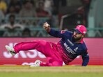 Riyan Parag completes a catch during Rajasthan Royals' match. 