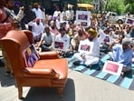 Punjab Congress president Amarinder Singh Raja Warring leading the protest against Punjab government in Chandigarh on Friday. (Ravi Kumar/HT) Punjab Congress president Amarinder Singh Raja Warring leading the protest against Punjab government in Chandigarh on Friday. (Ravi Kumar/HT)