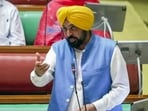 Punjab chief minister Bhagwant Mann speaks in the state assembly on Friday. (ANI Video Grab)