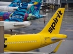Spirit Airlines jets sat on the tarmac as operations ceased for the company at Logan Airport in Boston, Massachusetts 