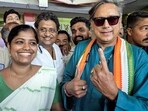 Congress MP Shashi Tharoor shows the ink-marked finger after casting a vote at a polling station during the Kerala Assembly Elections 2026 in Thiruvananthapuram.