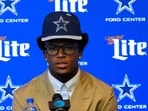 Dallas Cowboys first round draft pick Caleb Downs responds to question during a news conference 