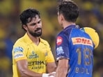 Chennai Super Kings skipper Ruturaj Gaikwad (L) being congratulated by Mumbai Indians' Trent Boult after leading his side to victory in Chennai on Saturday. (PTI)