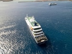 This aerial picture shows a general view of the cruise ship MV Hondius stationary off the port of Praia, the capital of Cape Verde