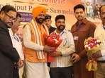 Haryana chief minister Nayab Singh Saini attending a function organised by the Kashyap Samaj in Ludhiana on Sunday. (HT Photo)