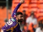 Kolkata Knight Riders spinner Varun Chakaravarthy, who took three wickets, bowls during the win over Sunrisers Hyderabad in Hyderabad on Sunday. (AP)