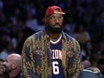 Los Angeles Lakers forward LeBron James wears the Arizona Wildcats jersey of his son Bryce James (6)