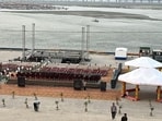 Preparations for the proposed cultural event underway at Arail Ghat in Prayagraj on Saturday. (HT PHOTO)