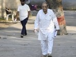Septuagenarian Ashok Bahar exits the examination centre at Lucknow Montessori School on Friday. (HT)