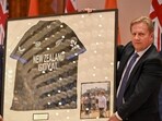 Union Commerce and Industry Minister Piyush Goyal receives a framed New Zealand cricket jersey from New Zealand Minister for Trade and Investment Todd McClay during the India-New Zealand Free Trade Agreement engagements, at Bharat Mandapam, in New Delhi in April. (PTI)