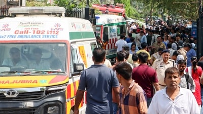 Ambulances at the four-storey residential building in the Vivek Vihar area were deployed after a massive fire broke out in New Delhi. (ANI) Ambulances at the four-storey residential building in the Vivek Vihar area were deployed after a massive fire broke out in New Delhi. (ANI)