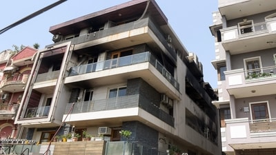 A view of the four-storey residential building in the Vivek Vihar area after a massive fire broke out in New Delhi. (ANI) A view of the four-storey residential building in the Vivek Vihar area after a massive fire broke out in New Delhi. (ANI)
