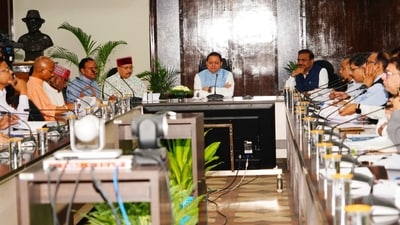 Pushkar Singh Dhami chairs a review meeting of CM announcements in Dehradun. Pushkar Singh Dhami chairs a review meeting of CM announcements in Dehradun.