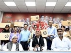 Samajwadi Party national president Akhilesh Yadav distributed laptops to meritorious students after the press conference at the party office in Lucknow