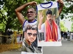 A TVK worker celebrating in Chennai. (AP)