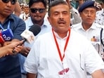 BJP Bhabanipur candidate Suvendu Adhikari arrives at the counting centre at Sakhawat Memorial Government Girls School during counting of West Bengal Assembly elections on Monday. (ANI)
