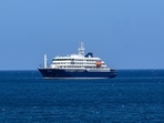 A general view of the cruise ship MV Hondius stationary off the port of Praia, the capital of Cape Verde, on May 3, 2025.