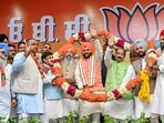 Haryana Chief Minister Nayab Singh Saini being felicitated during an OBC conference, in Rupnagar, Punjab. (PTI)