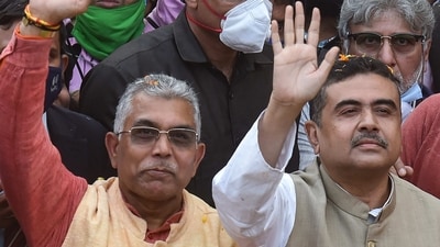 BJP Bengal president Dilip Ghosh and BJP leader Suvendu Adhikari believe BJP is set to form the government in Bengal. (PTI Photo) BJP Bengal president Dilip Ghosh and BJP leader Suvendu Adhikari believe BJP is set to form the government in Bengal. (PTI Photo)