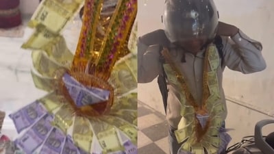 A Blinkit agent was given a note garland instead of change at a wedding house, and his reaction went viral. (Instagram/shridhar_bhavya7) A Blinkit agent was given a note garland instead of change at a wedding house, and his reaction went viral. (Instagram/shridhar_bhavya7)