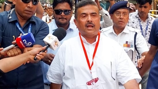 BJP Bhabanipur candidate Suvendu Adhikari arrives at the counting centre at Sakhawat Memorial Government Girls School during counting of West Bengal Assembly elections on Monday. (ANI) BJP Bhabanipur candidate Suvendu Adhikari arrives at the counting centre at Sakhawat Memorial Government Girls School during counting of West Bengal Assembly elections on Monday. (ANI)