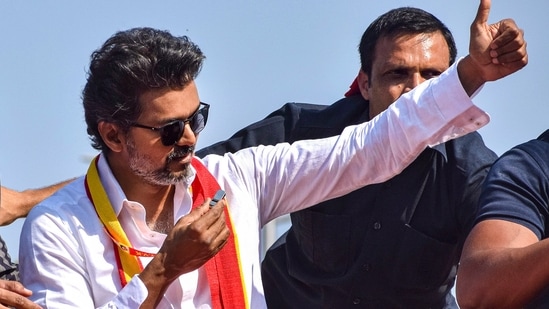 Tamilaga Vettri Kazhagam (TVK) chief Vijay during a campaign ahead of Tamil Nadu Assembly elections, in Tiruchirappalli. (PTI)