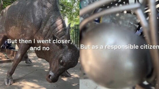 A Pune woman highlighted litter inside a bull sculpture on JM Road. (Instagram/_sanjnakhanna_)