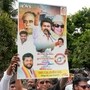 టీవీకే అధినేత విజయ్ పోస్టర్ తో పార్టీ కార్యకర్తలు