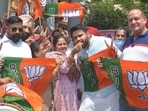 Bharatiya Janata Party (BJP) workers celebrate party’s victory in West Bengal assembly polls, in Amritsar on Thursday. (Sameer Sehgal/HT)