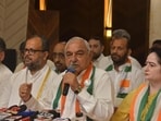 Bhupinder Singh Hooda addressing media in Panchkula on Monday. (Sant Arora/HT) Bhupinder Singh Hooda addressing media in Panchkula on Monday. (Sant Arora/HT)