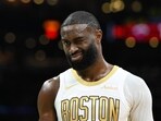 Jaylen Brown #7 of the Boston Celtics winks during a game against the Miami Heat 