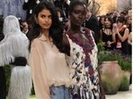 Bhavitha Mandava's Met Gala look sparked criticism on social media, with X users highlighting the contrast between her outfit and that of her peers. (Instagram/ Chanel and X/ inejsghafaz)