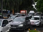 Mumbai, India - Aug 06, 2024: Heavy traffic jams in Bandra-Kurla Complex (BKC) during peak hours due to Metro work and the closure of the Sion Railway Over Bridge (ROB in Mumbai, India.06, 2024. (Photo by Raju Shinde/ Hindustan Times) (Hindustan Times)